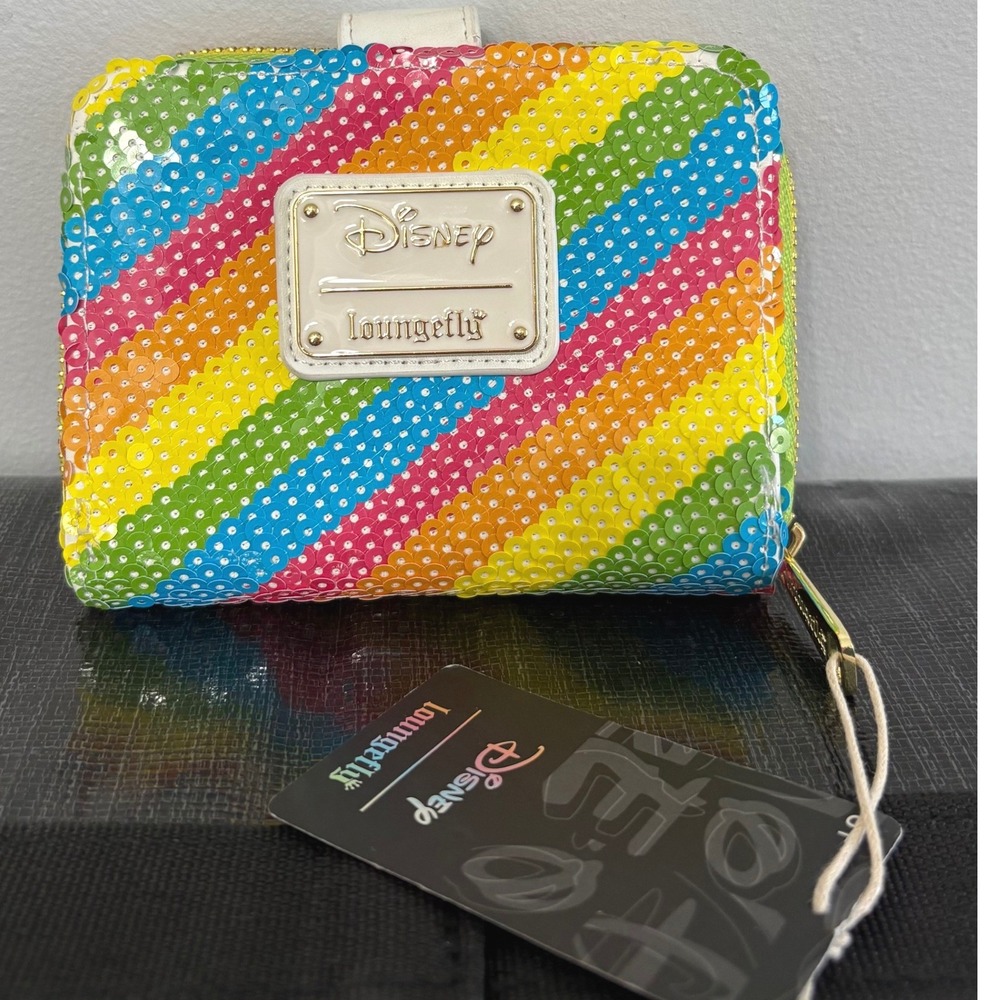 Disney Loungefly Rainbow Sequin Bifold Wallet Mickey Mouse Zip Snap NWT